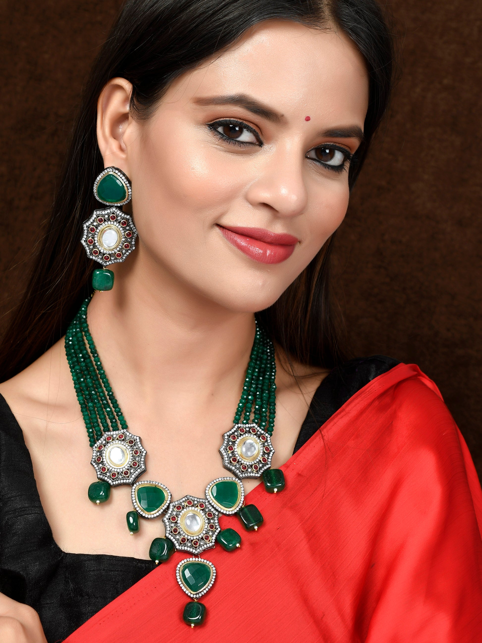 Gold Plated Green & White Artificial Stone Studded Jewellery Sets for Women Online