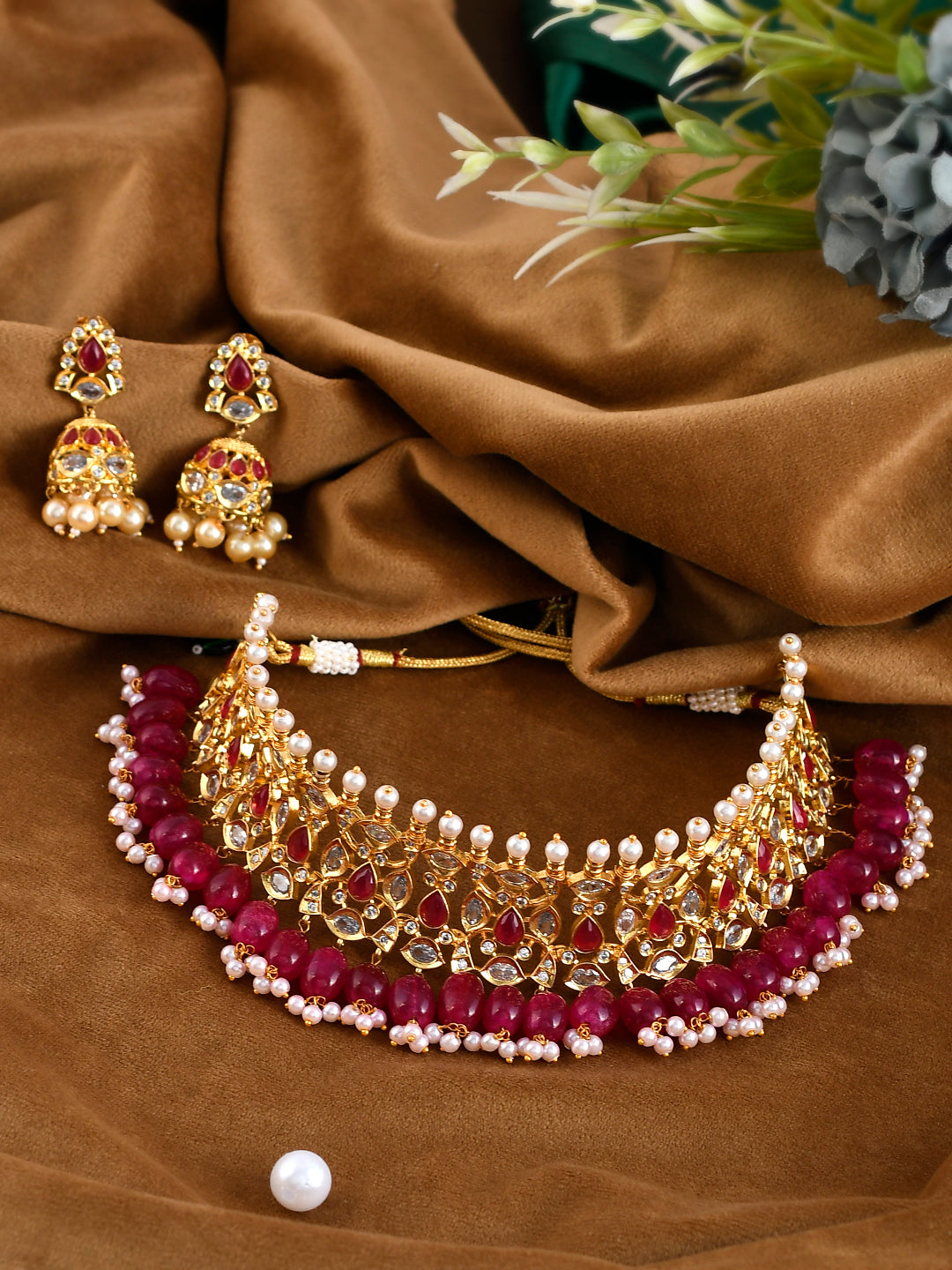 Gold Plated Red Stone Kundan Choker Jewellery Set