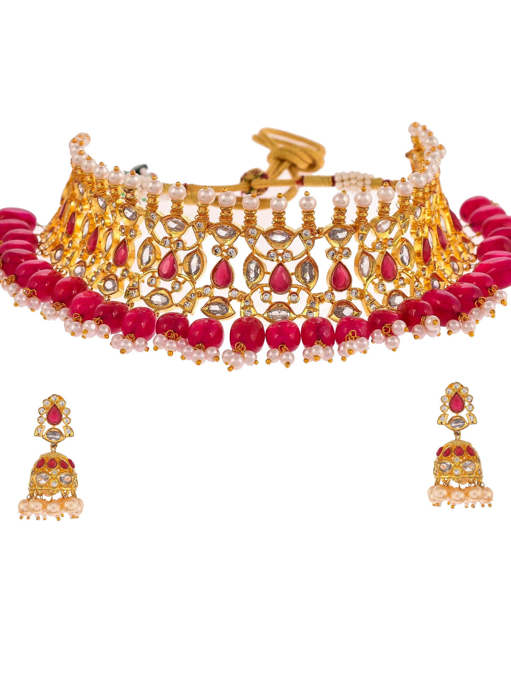 Gold Plated Red Stone Kundan Choker Jewellery Set