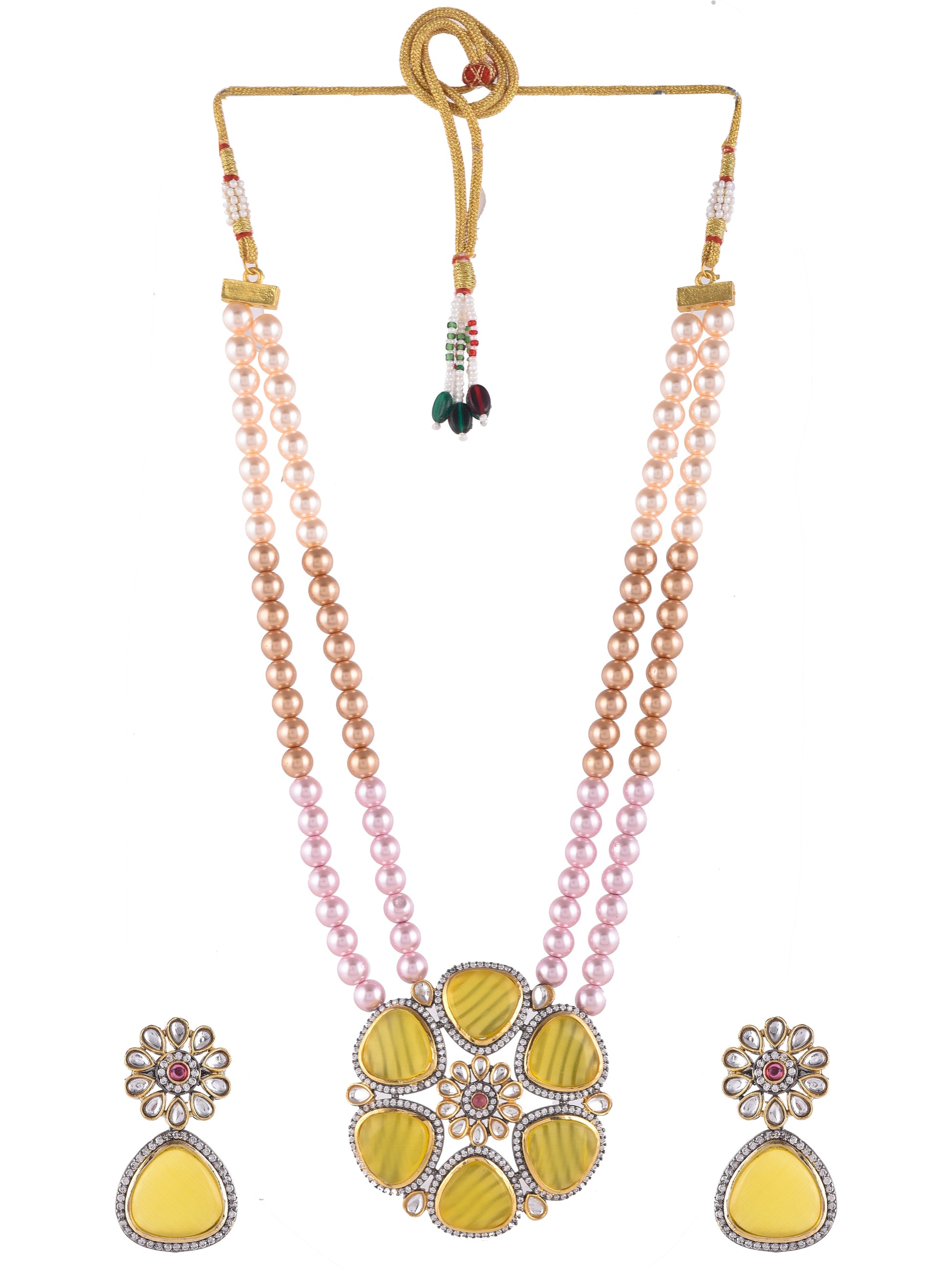 Gold Plated Pearl ranihaar Yellow Stone Stubbed Kundan Necklace Set