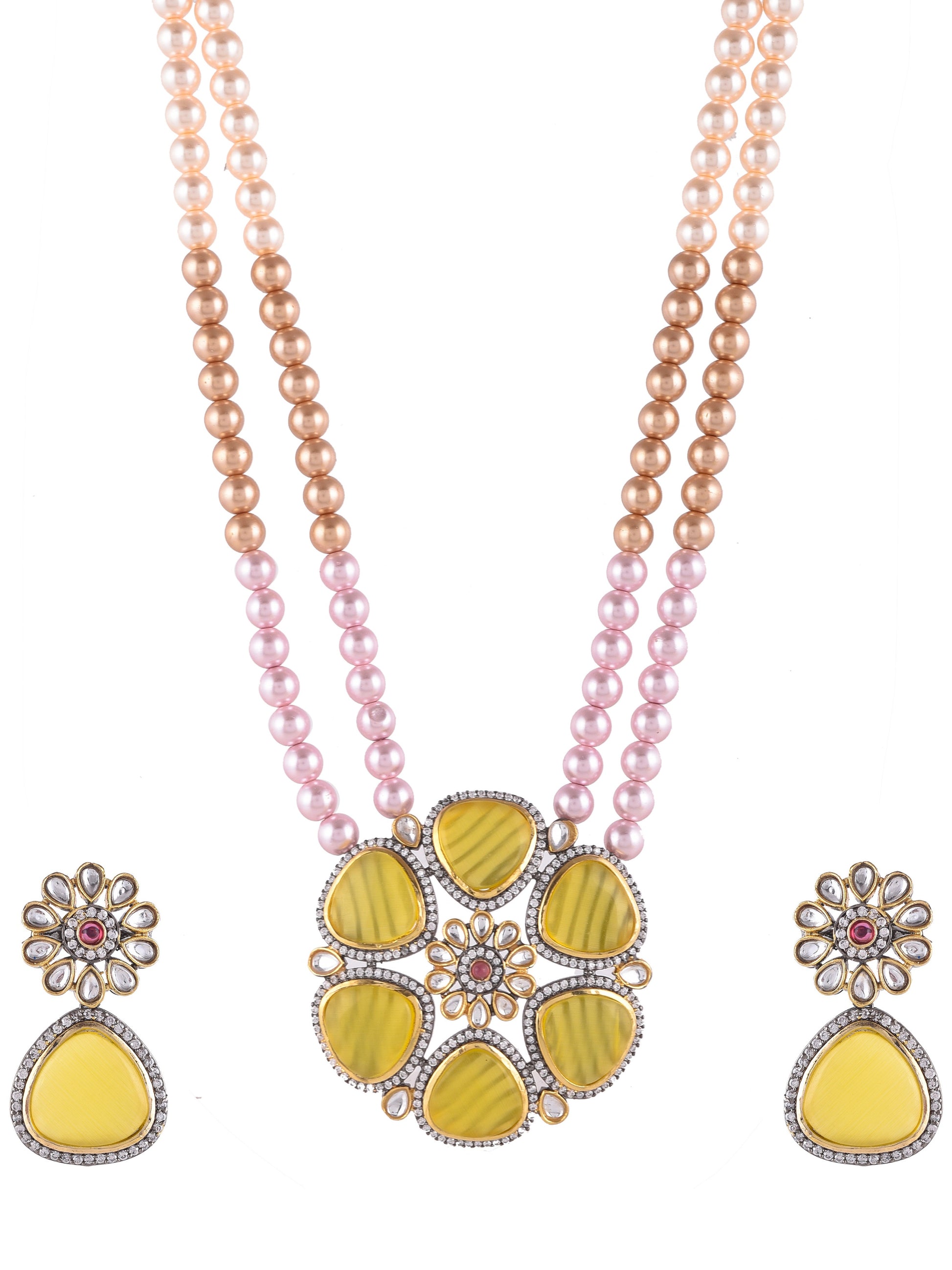 Gold Plated Pearl ranihaar Yellow Stone Stubbed Kundan Necklace Set