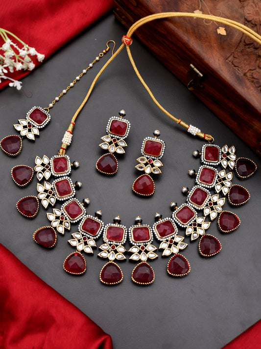 Gold Plated Red & Kundan Jewelry Set