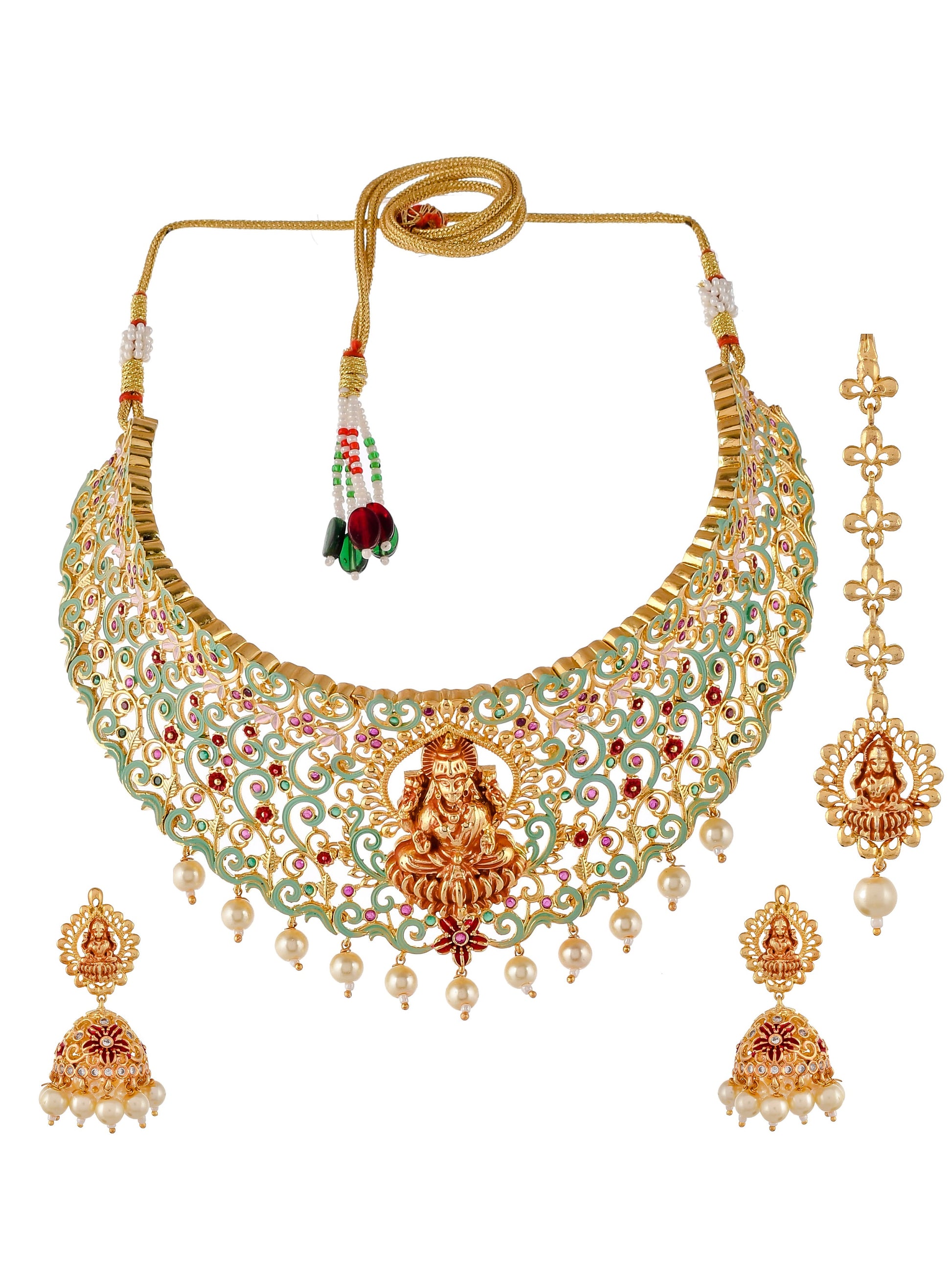 Gold Plated Red Green Stone Laxmi Jewelry Set