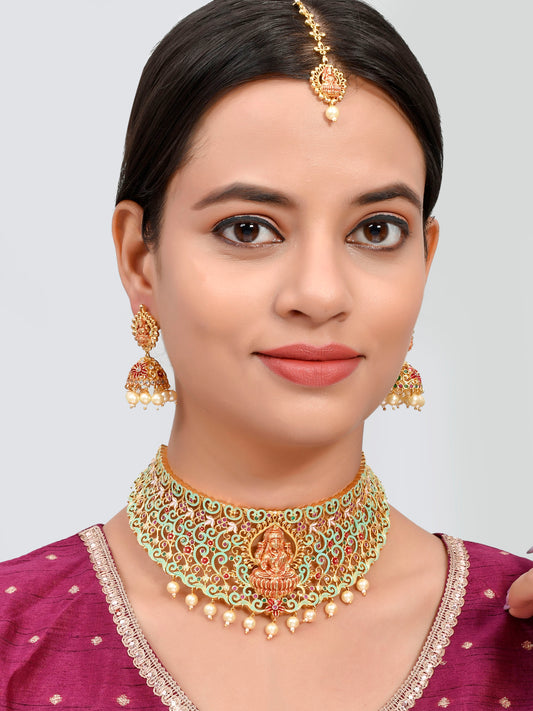 Gold Plated Red Green Stone Laxmi Jewellery Sets for Women Online