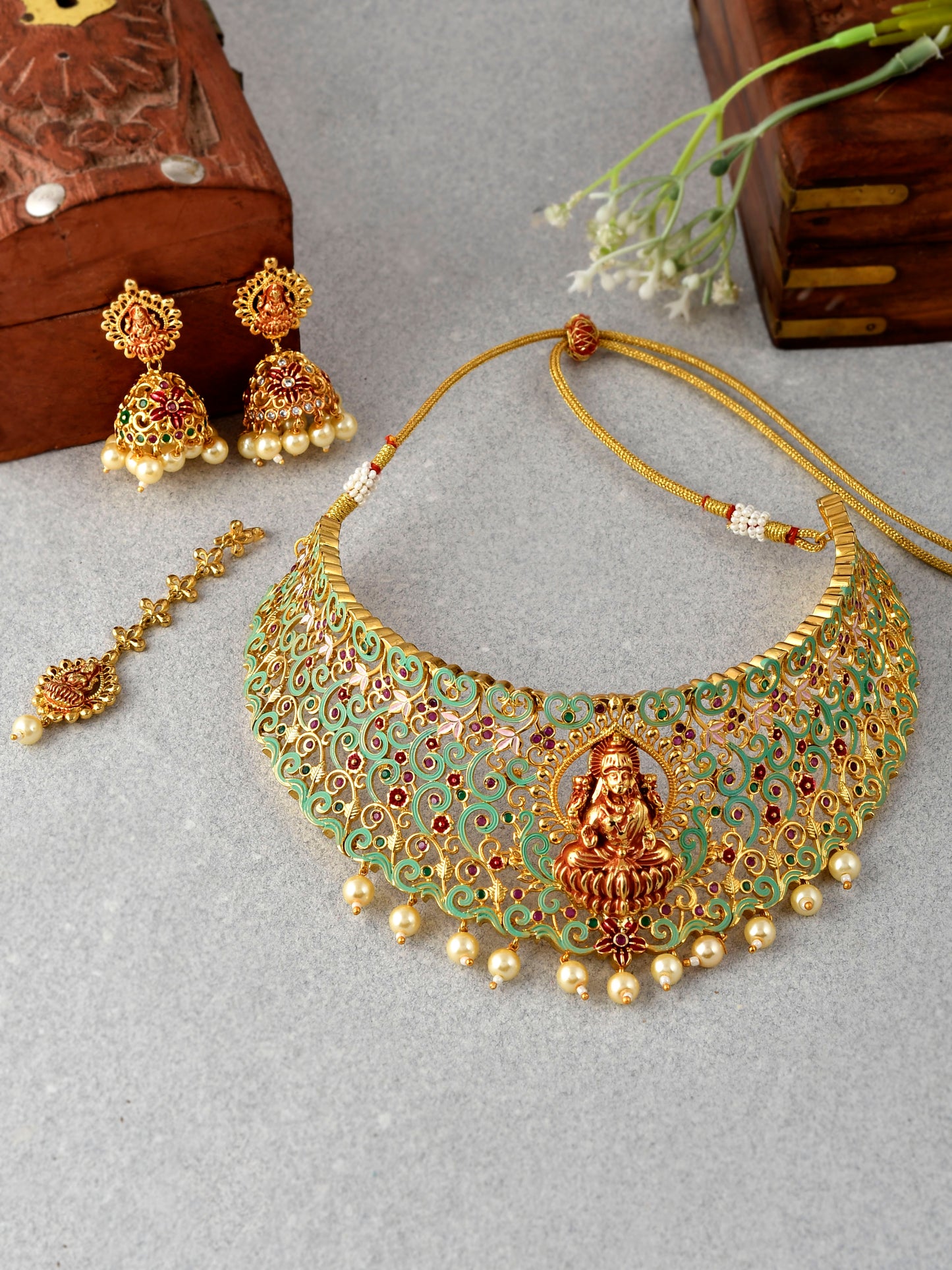 Gold Plated Red Green Stone Laxmi Jewelry Set