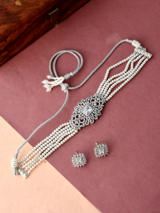 Silver Plated Pearl Beaded AD Choker Jewellery Set