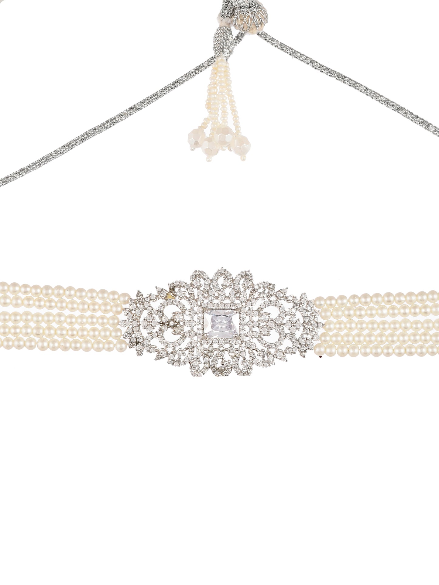 Silver Plated Pearl Beaded AD Choker Jewellery Set