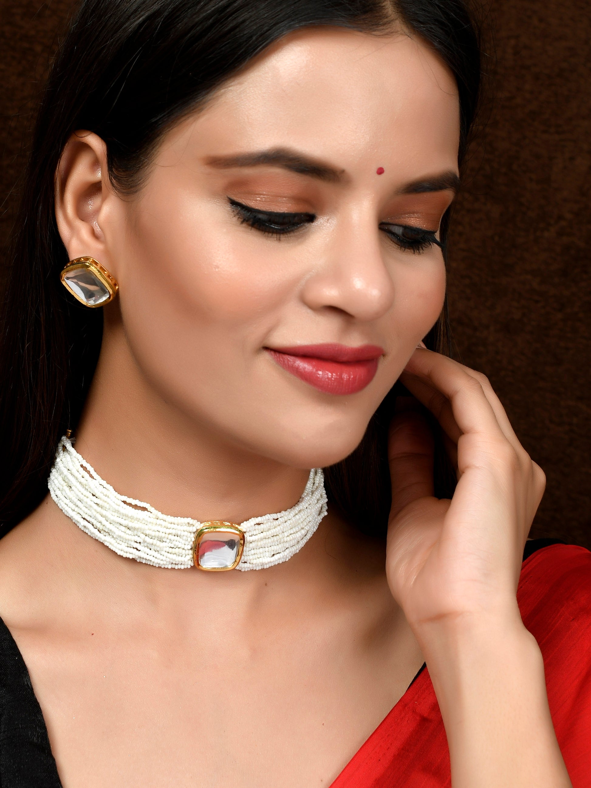Gold Plated White Beaded Kundan Stone Studded Choker Jewellery Sets for Women Online