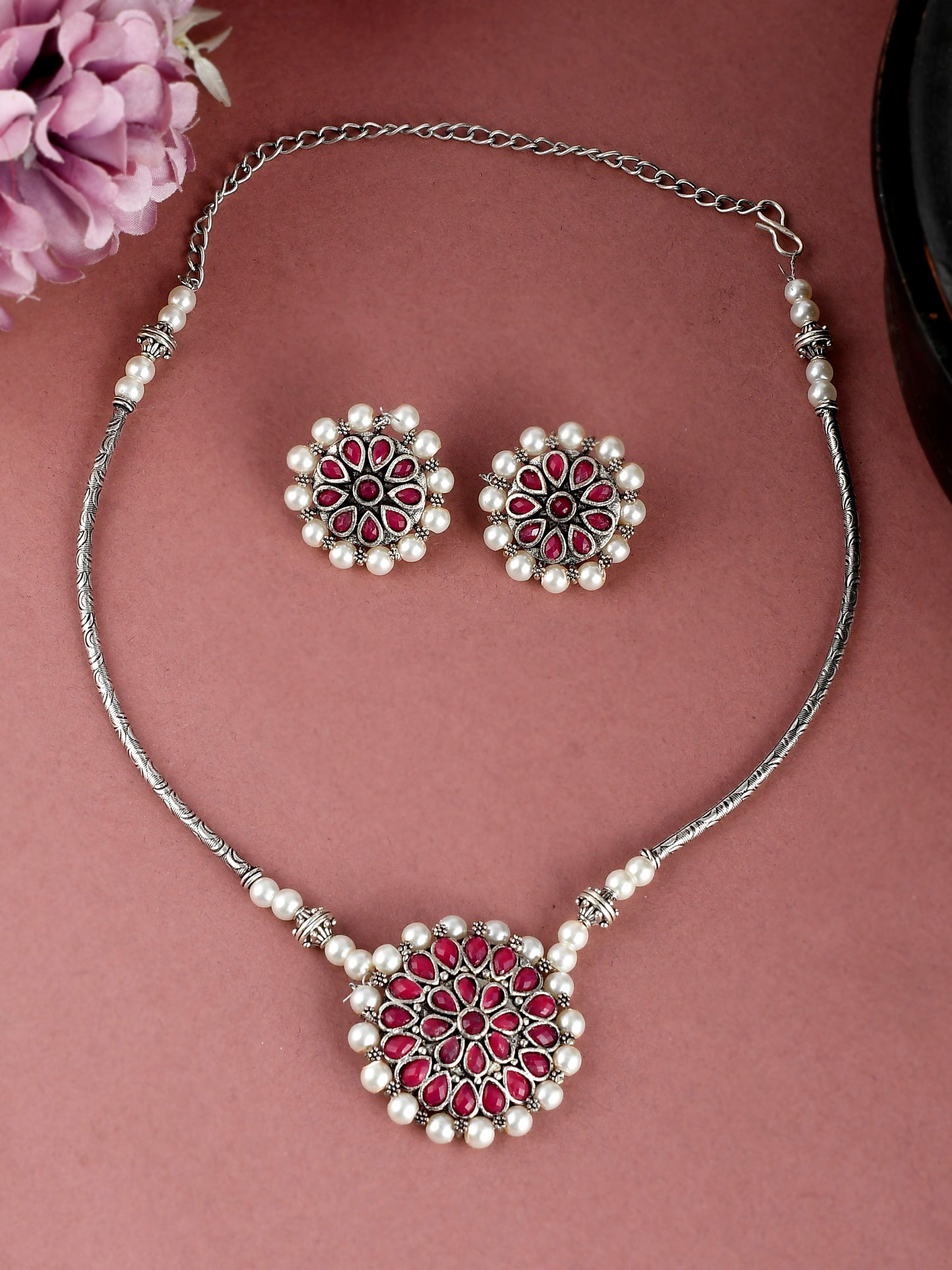 Silver Plated Red & Pearl Beaded Jewelry Set