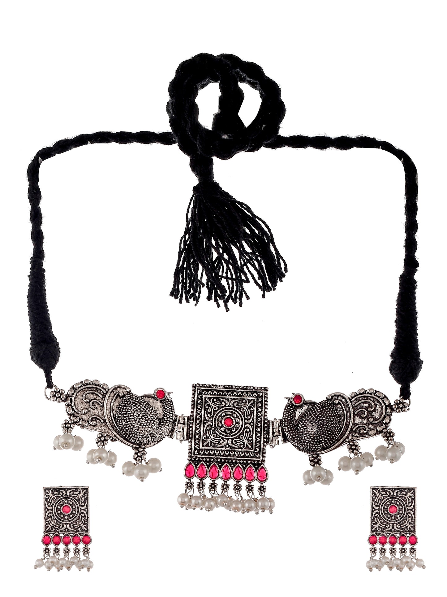 Silver Plated Oxidized Threaded Jewelry Set