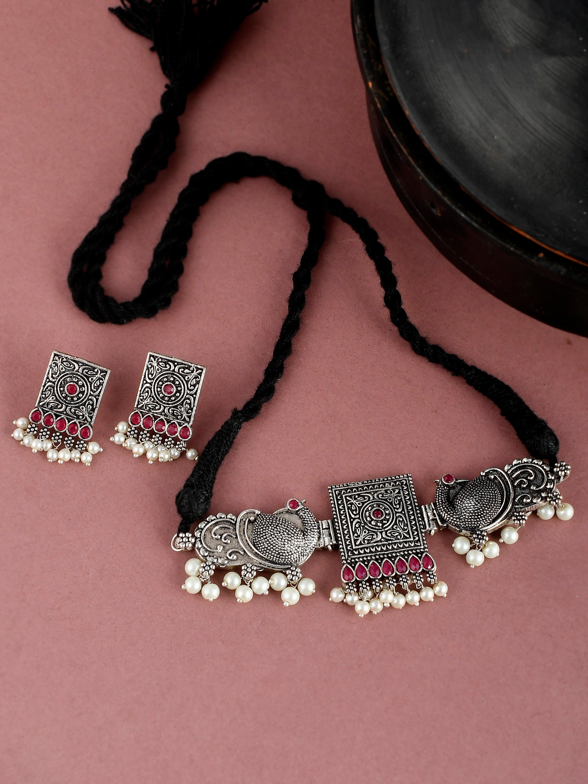Silver Plated Oxidized Threaded Jewelry Set