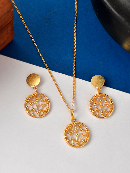 Gold Plated Contemporary Pendant With Earrings Jewellery Set