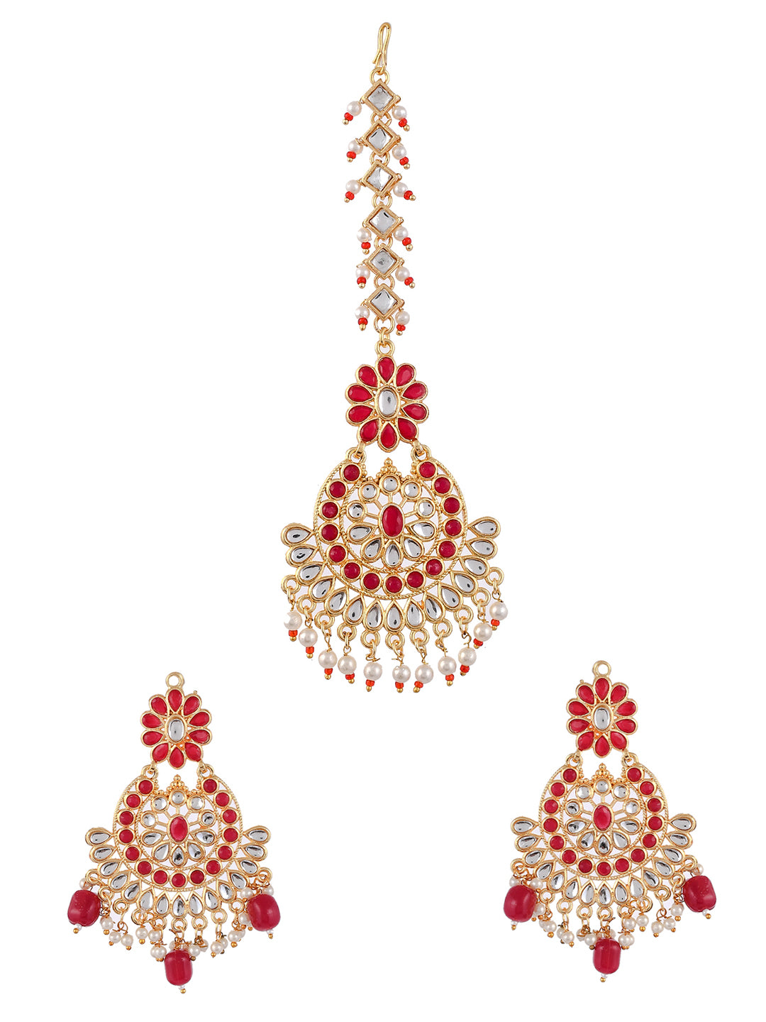 Red Gold Plated Ethnic Maangtikka With Earrings For Women