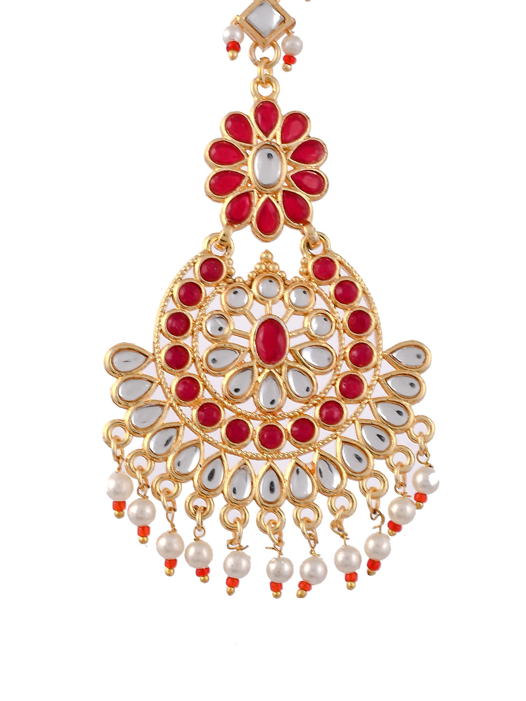 Red Gold Plated Ethnic Maangtikka With Earrings For Women