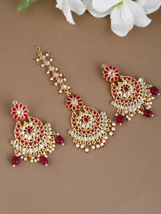 Red Gold Plated Ethnic Maangtikka With Earrings for Women Online