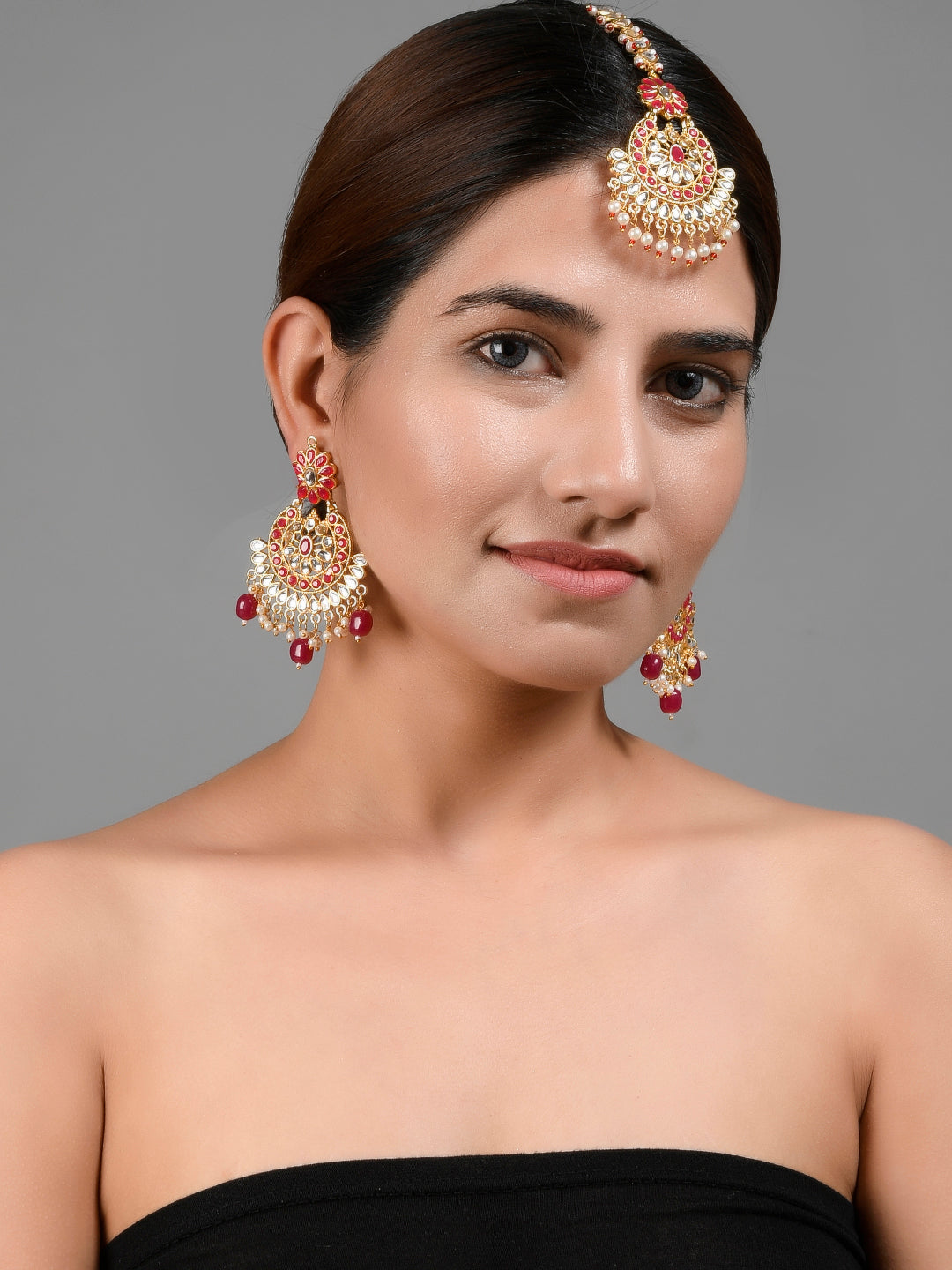 Red Gold Plated Ethnic Maangtikka With Earrings For Women