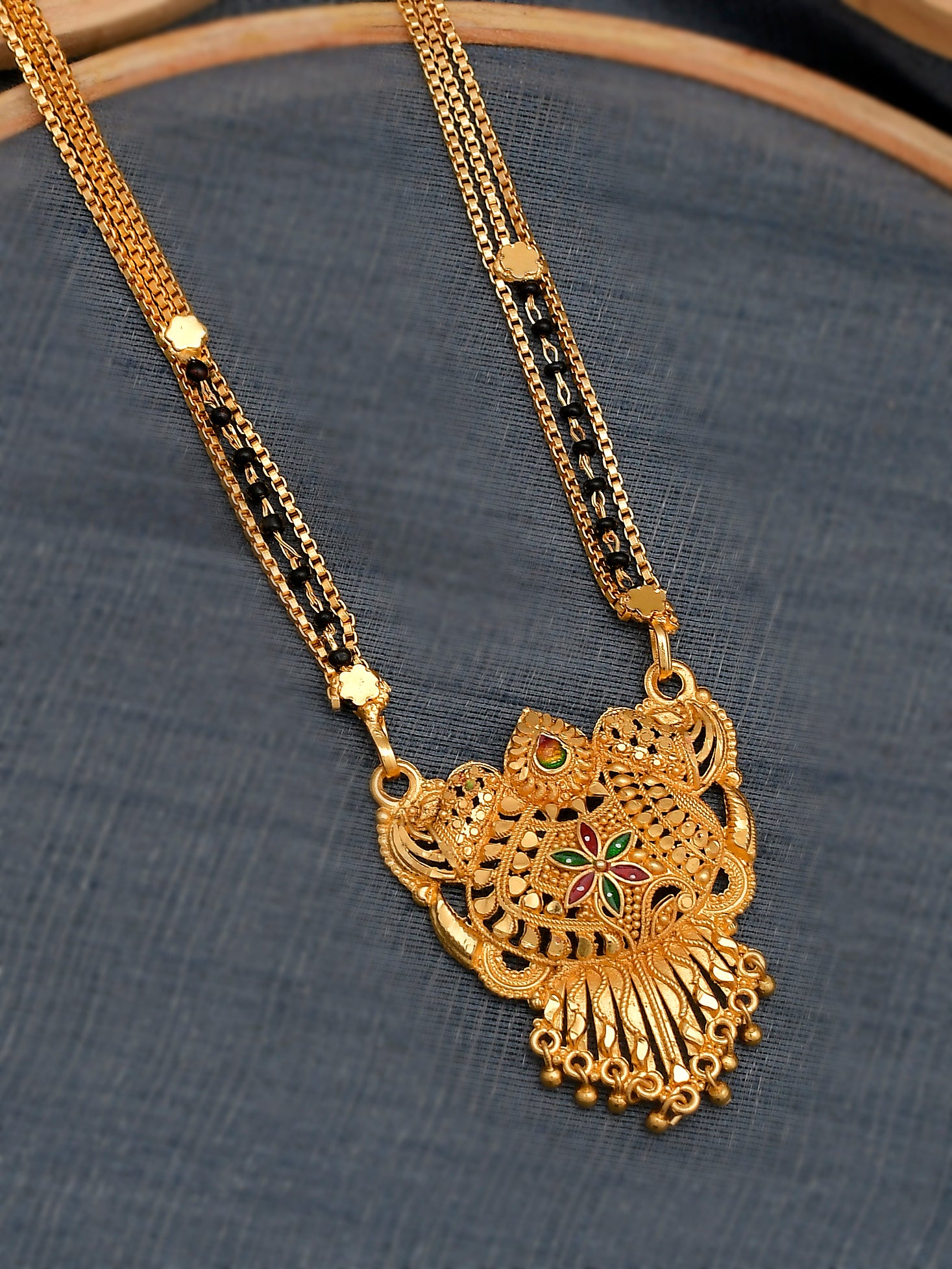 Long golden Black Bead Stubbed Mangalsutra with pendant