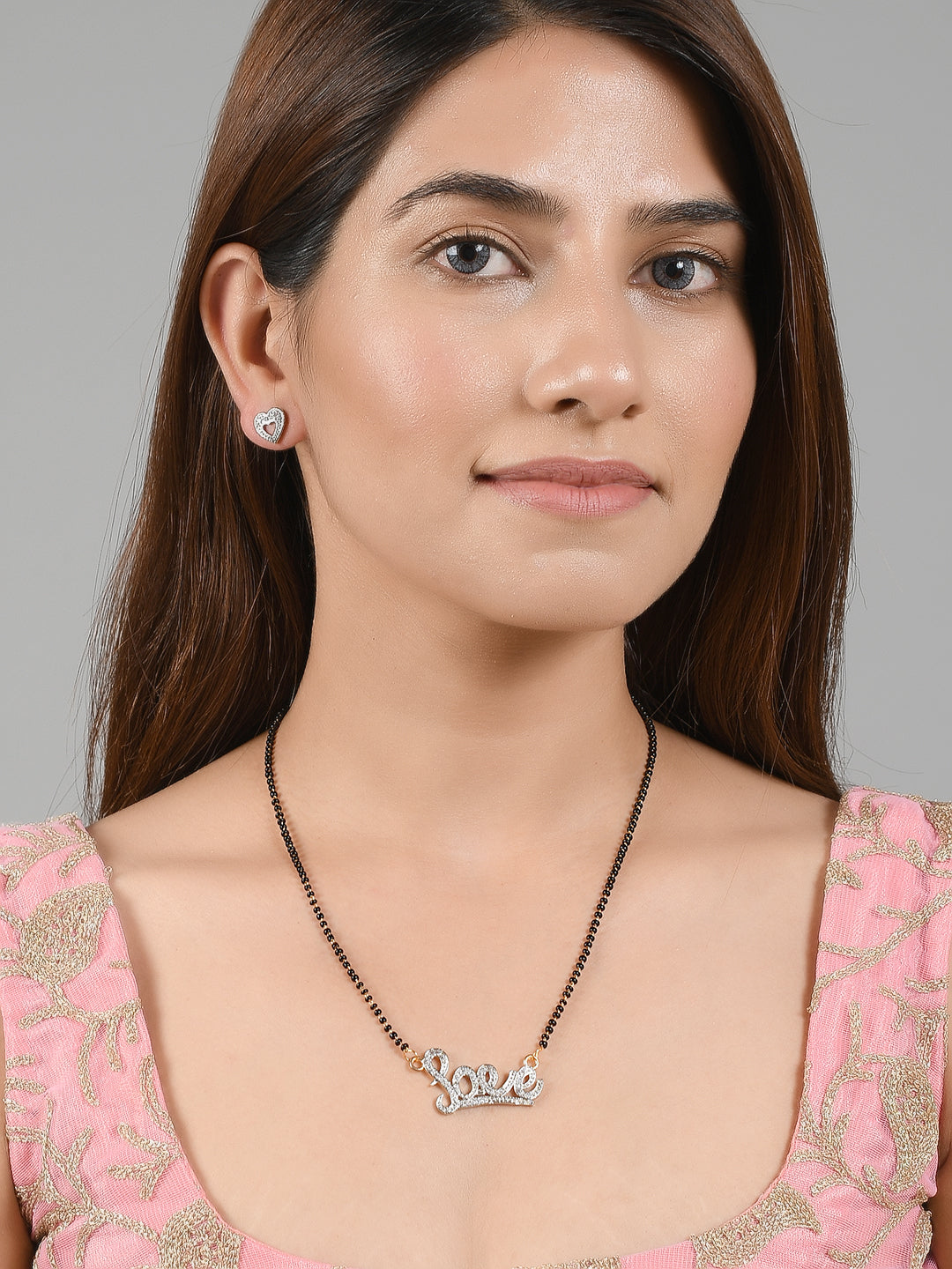 American Diamond Love Mangalsutra Necklace With Heart Stud Earrings