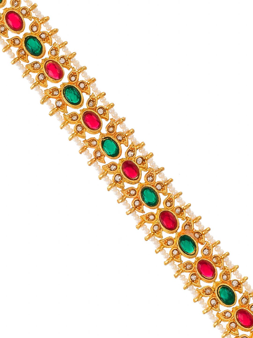 Gold Plated Red Green Stone Studded Beaded Temple Matha Patti