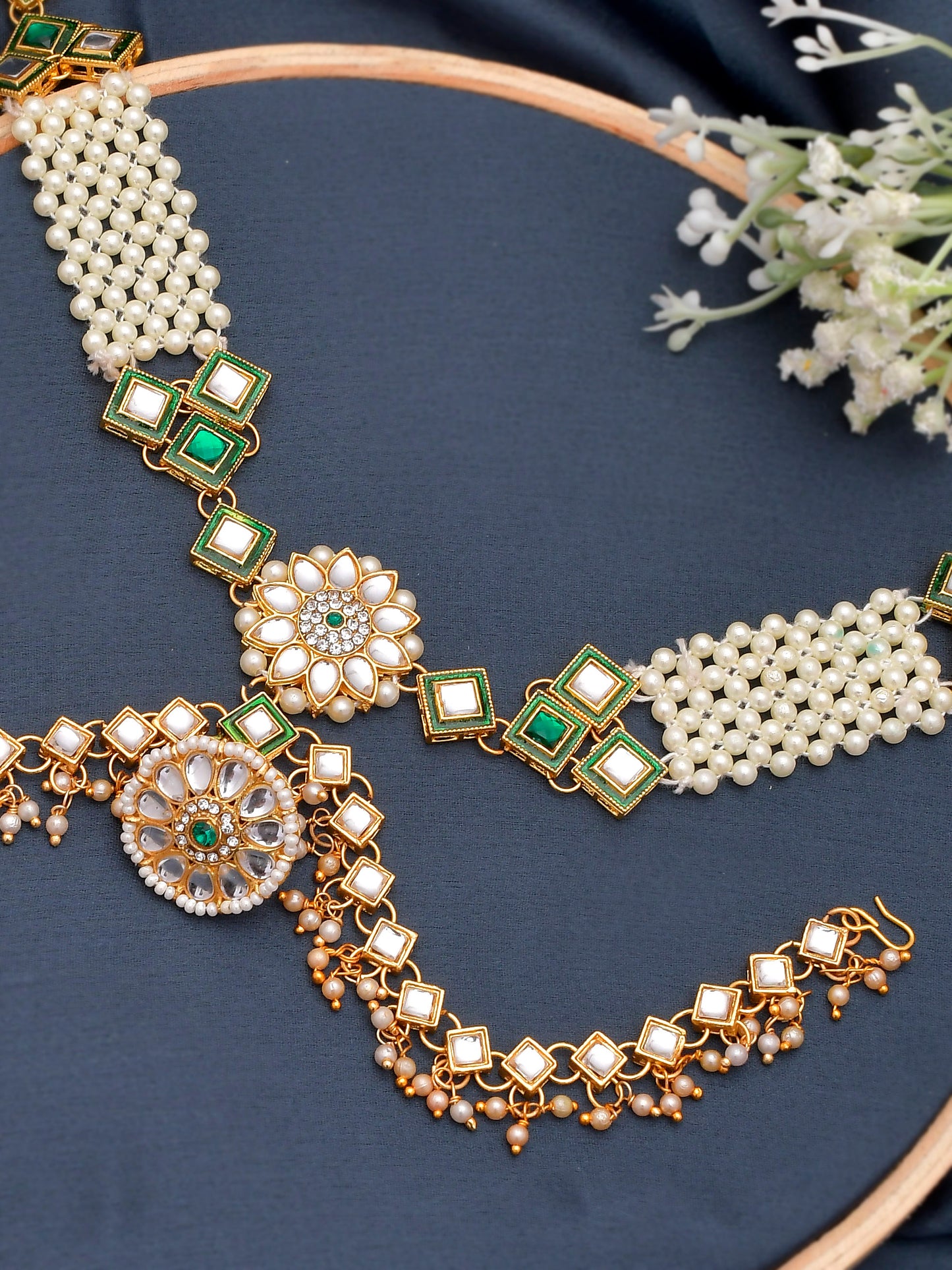 Gold Plated Bridal Pearl Double Kundan Mathapatti with borla