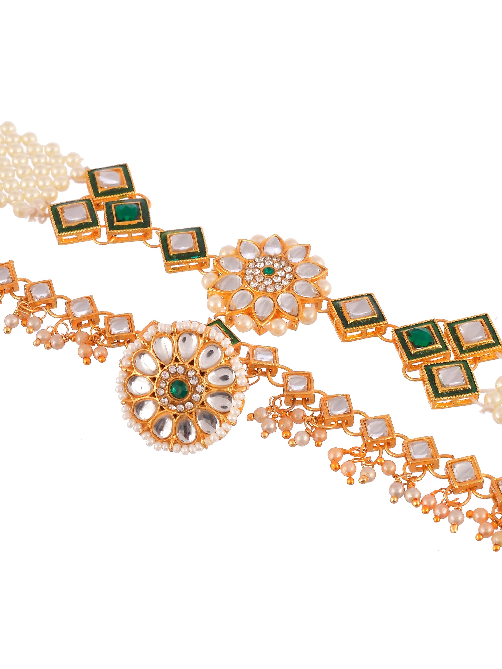 Gold Plated Bridal Pearl Double Kundan Mathapatti with borla