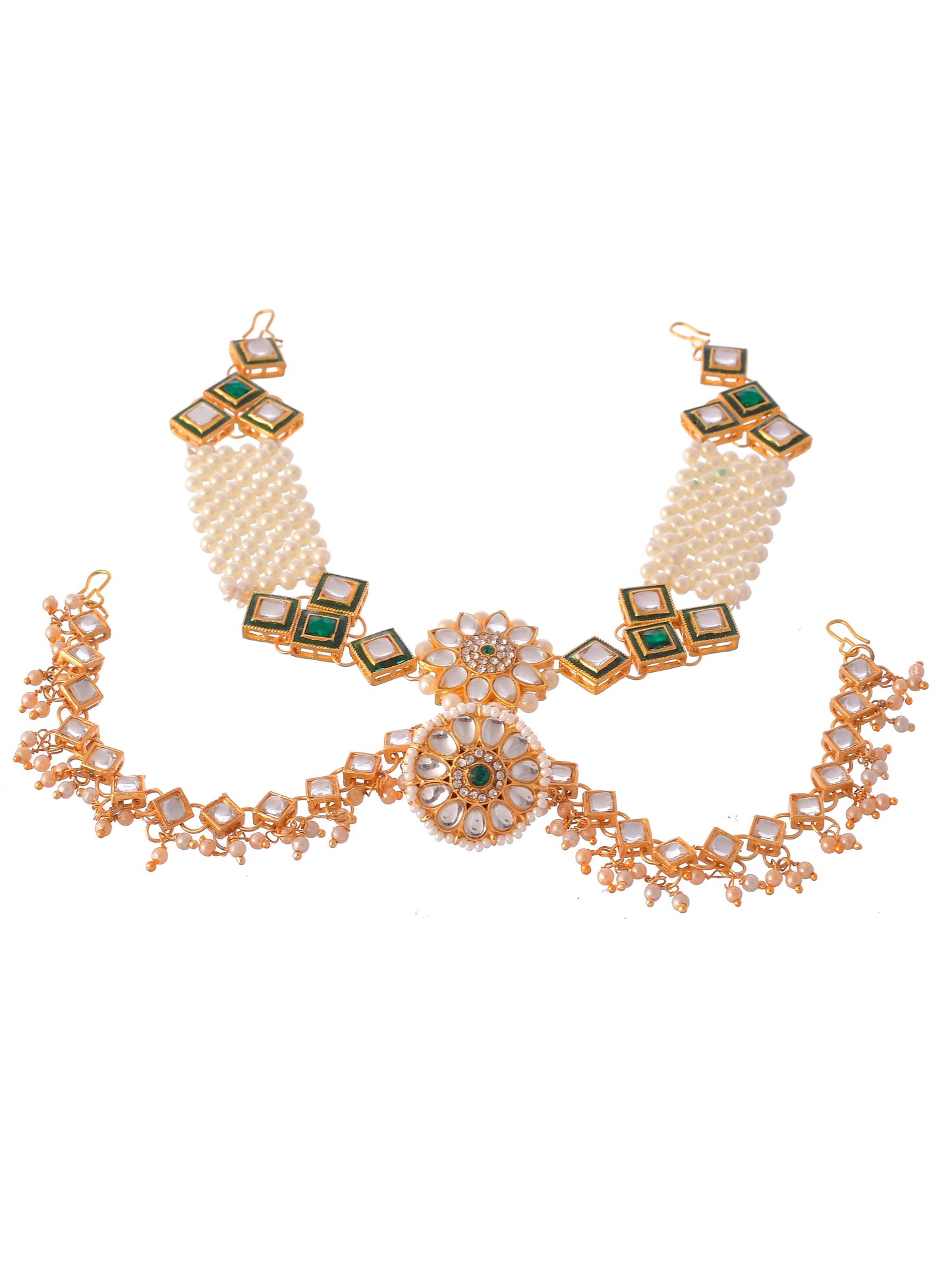 Gold Plated Bridal Pearl Double Kundan Mathapatti with borla