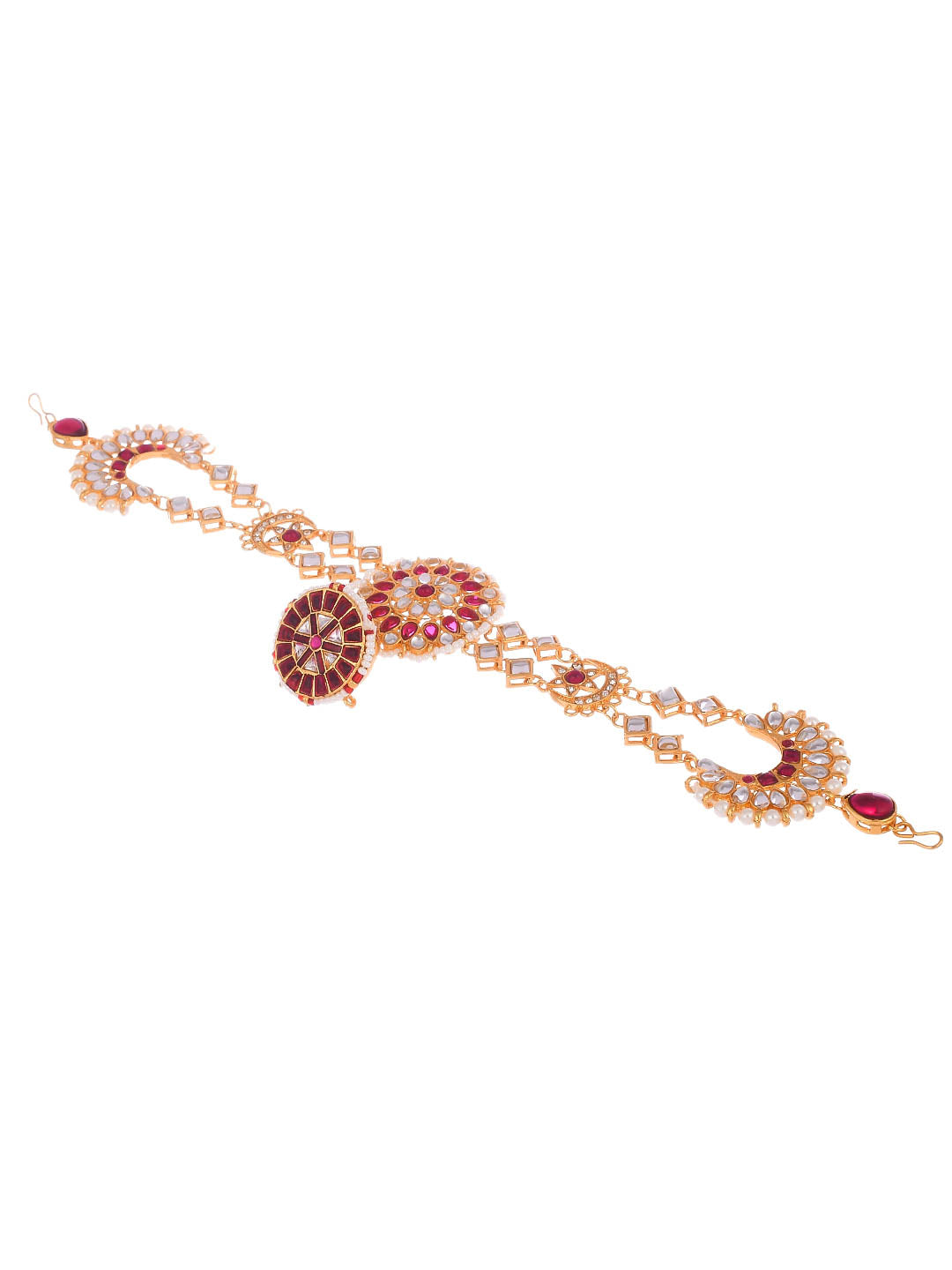 Kundan Gold Plated Red Meenakari Chand Suraj Sheeshful Borla Mathapatti