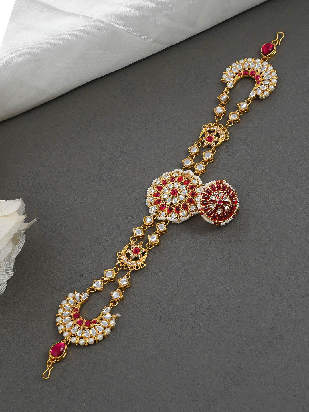 Kundan Gold Plated Red Meenakari Chand Suraj Sheeshful Borla Mathapatti