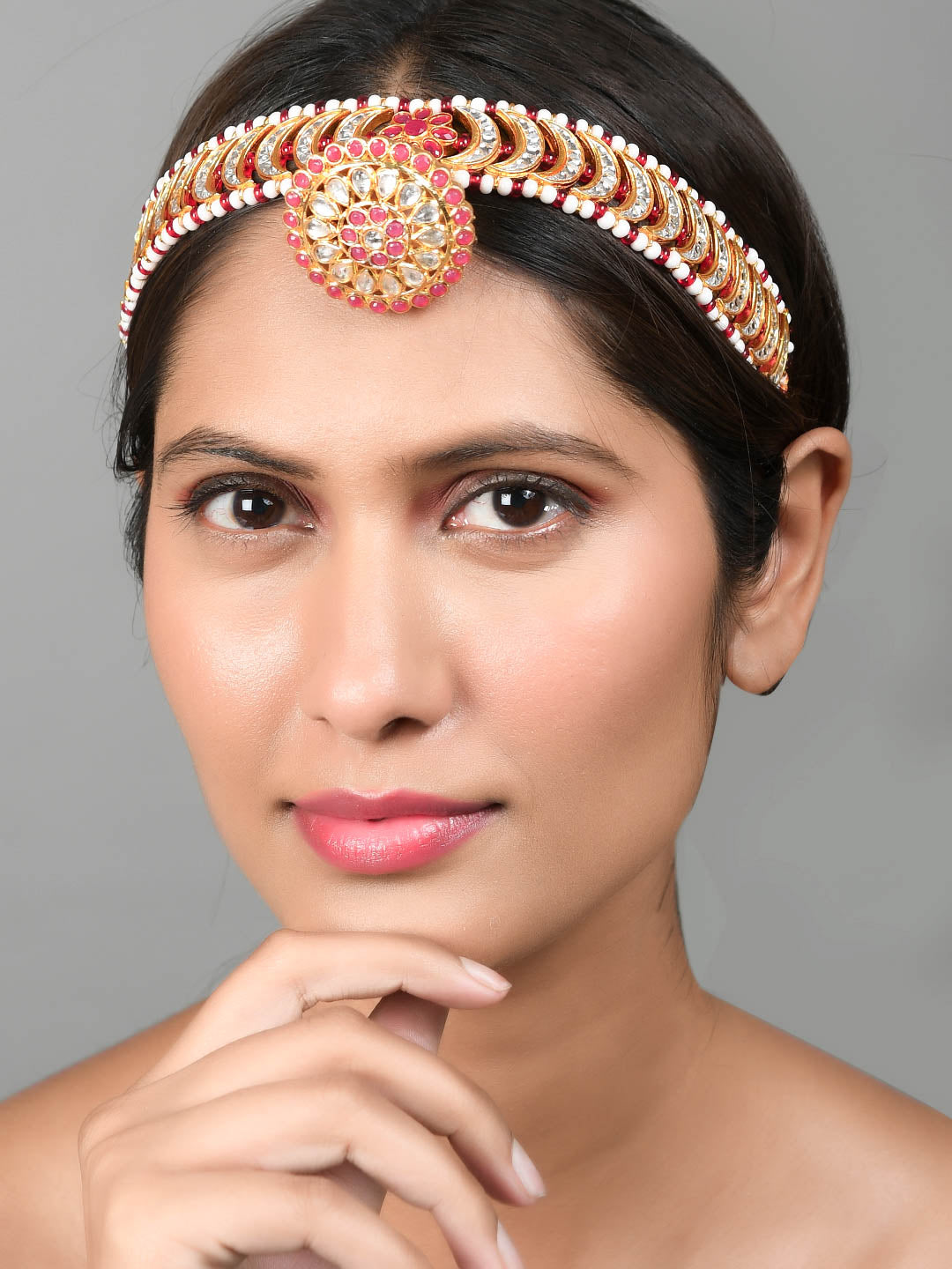 Gold Plated Royal Rajputi Headband Kundan Mathapatti With Borla