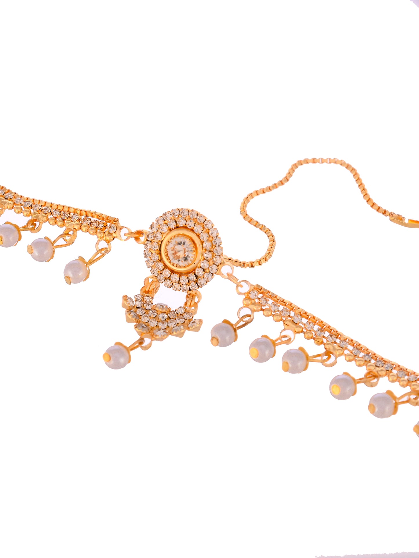 Gold Plated White Pearl Beaded Stone Studded Matha Patti Head jewellery