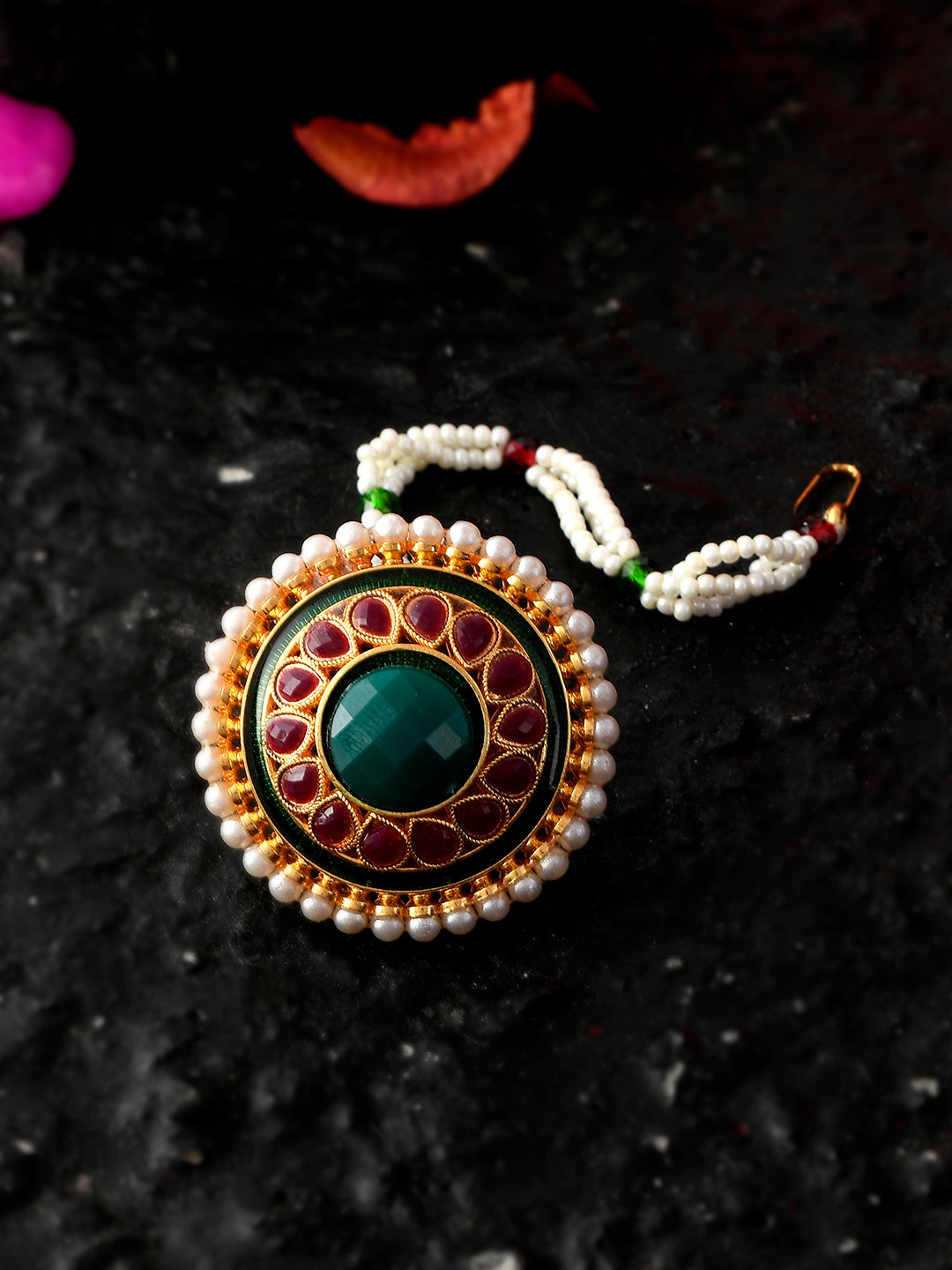 Gold Plated Green Stone Studded Meenakari Borla head jewellery