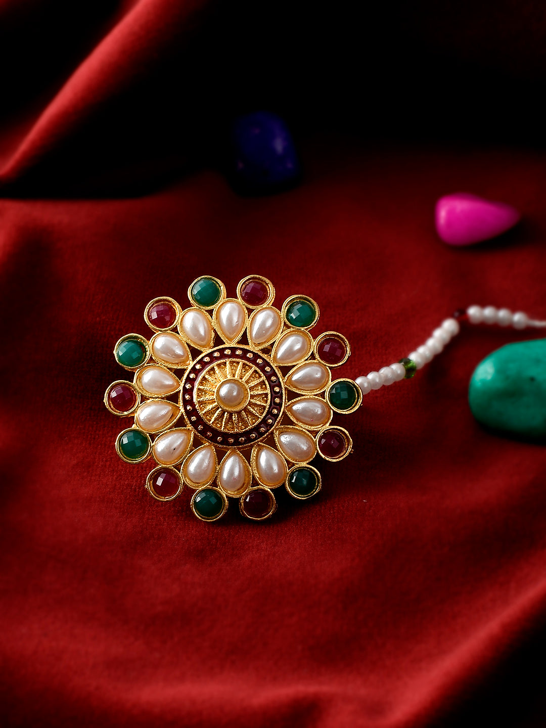 Gold Plated Green & Red Stone Studded Floral Brola Head Jewellery for Women Online
