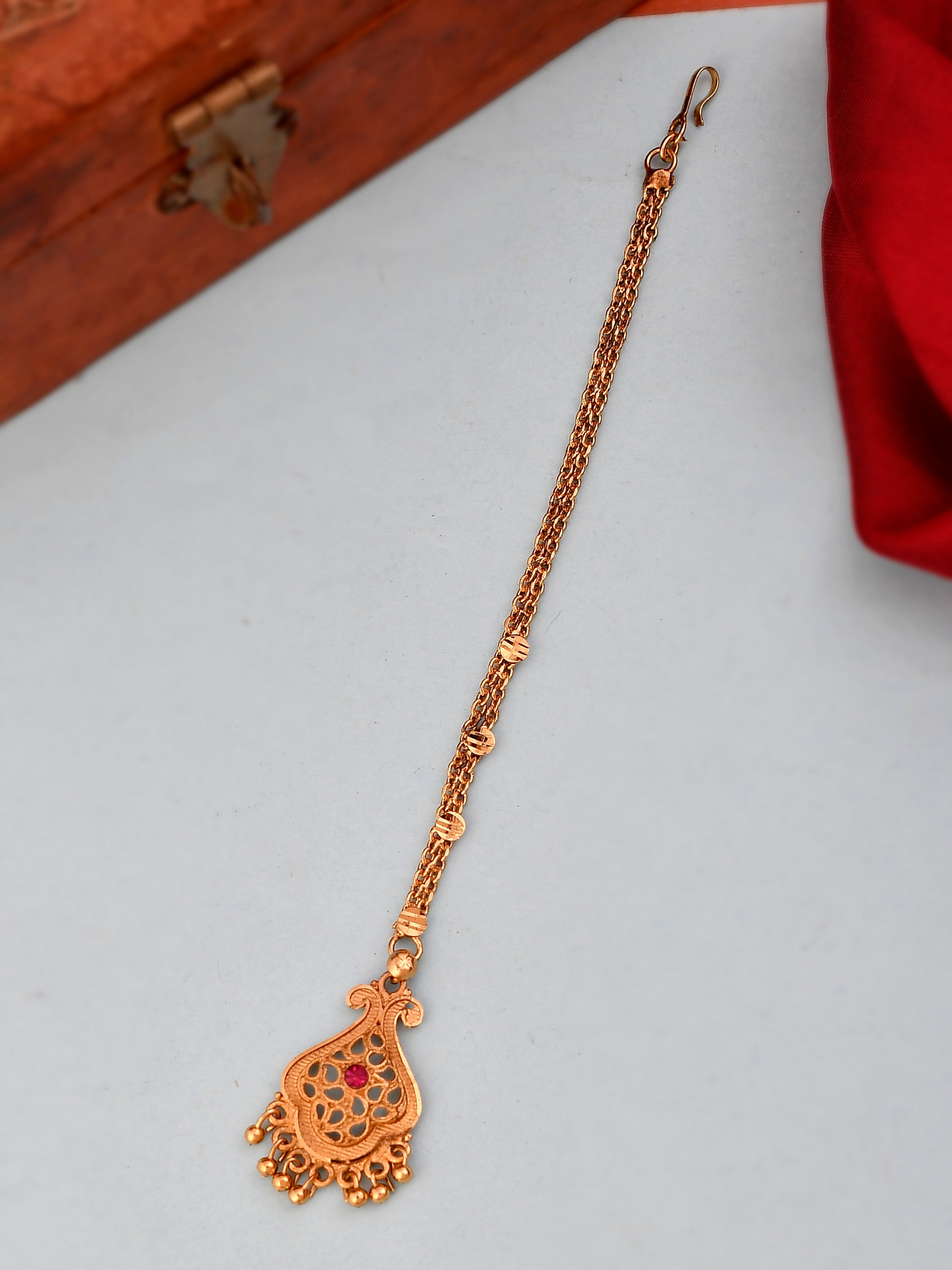 Gold Plated & Red Stone Handcrafted Maang Tikka for Women Online
