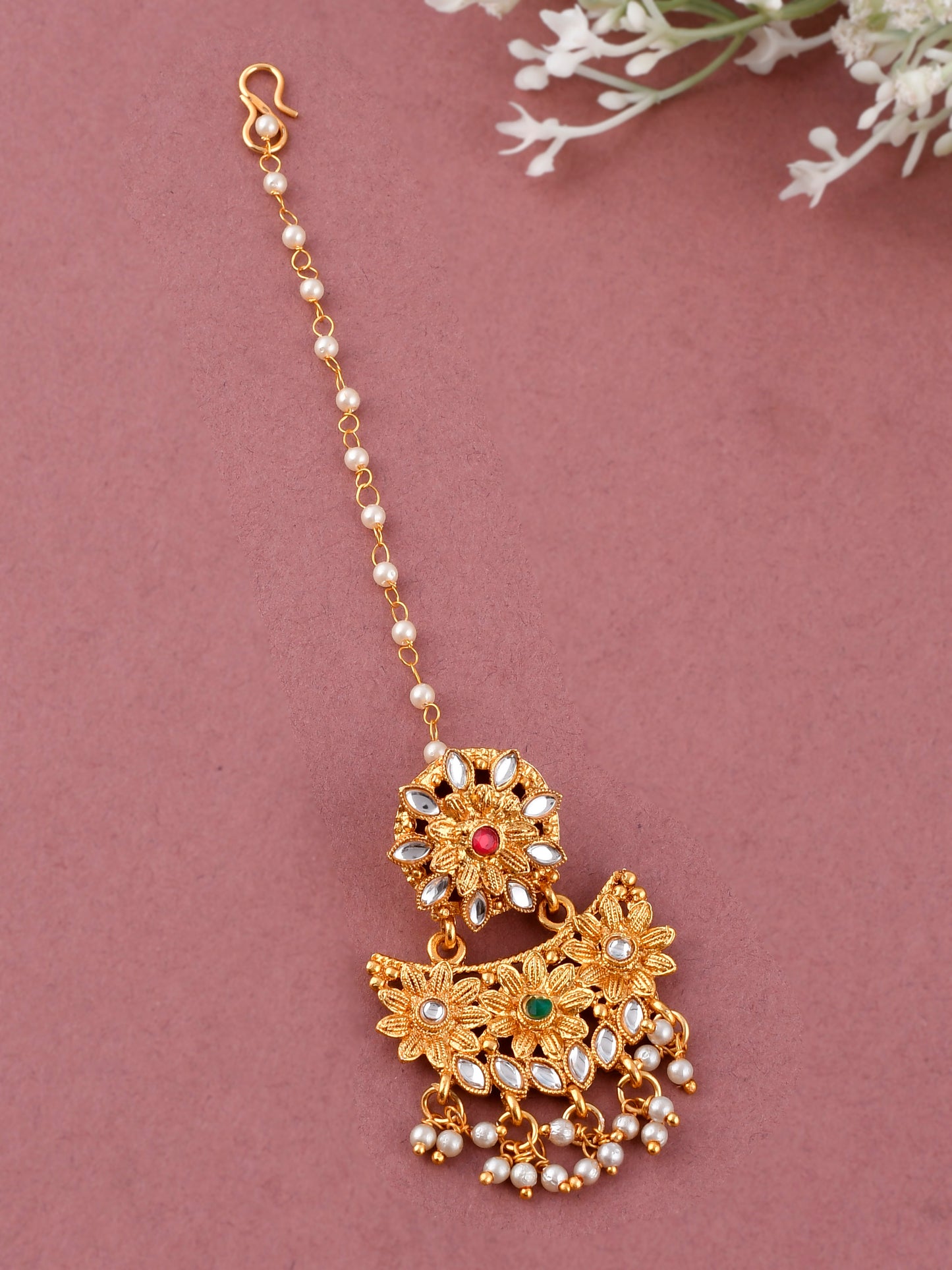 Gold Plated Kundan Studded & Pearl Beaded Maang Tikka Head Jewellery for Women Online