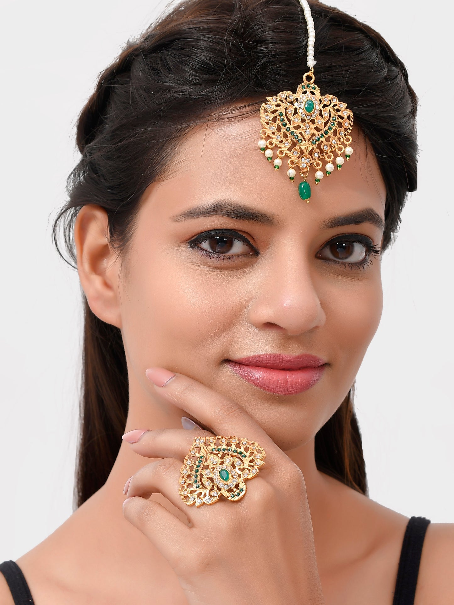 Combo of Gold Plated Meenkari Maang Tikka and Ring for Women Online