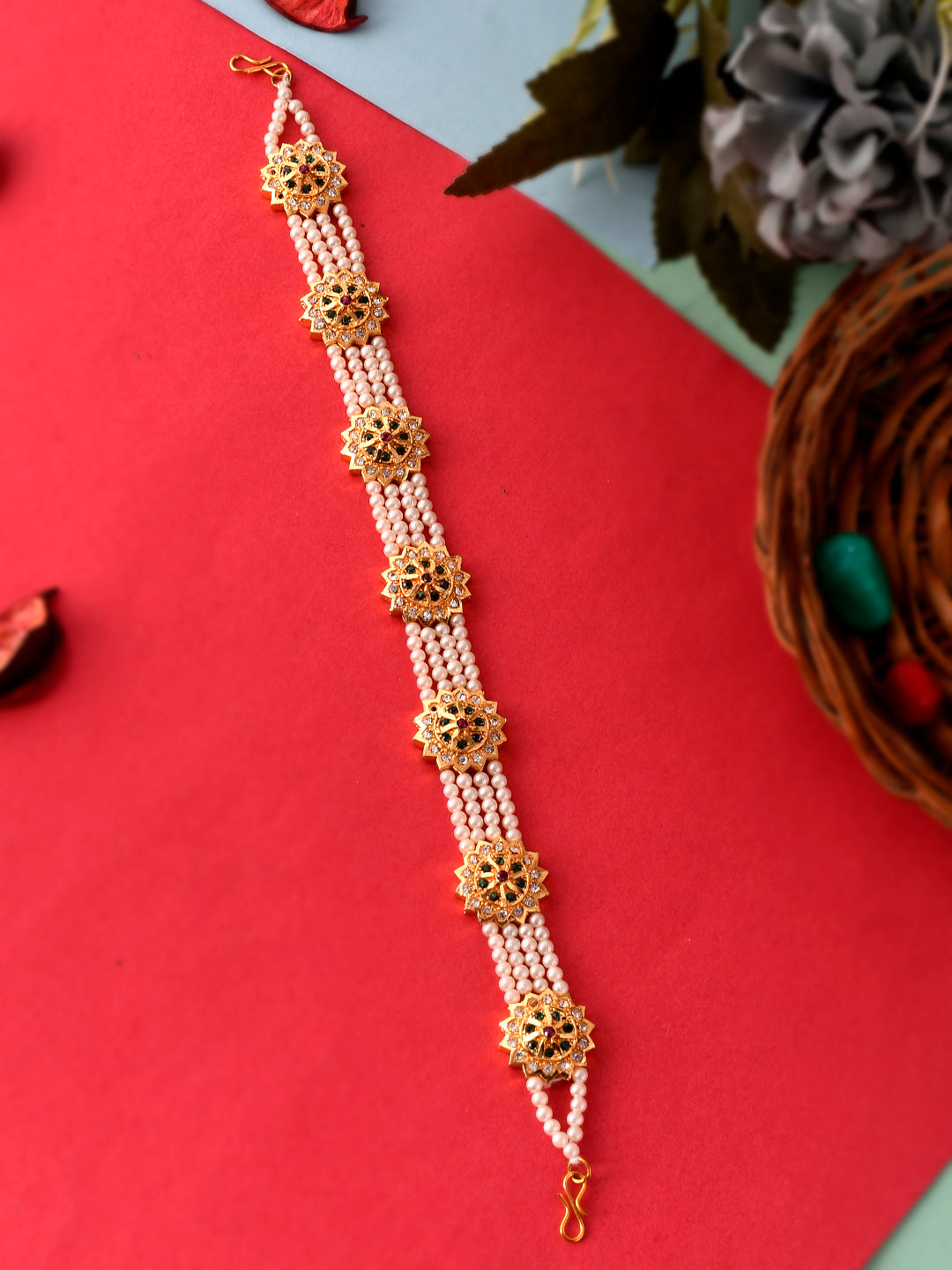 Gold Plated Pearl & Green Stone Matha Patti Head Jewellery for Women Online