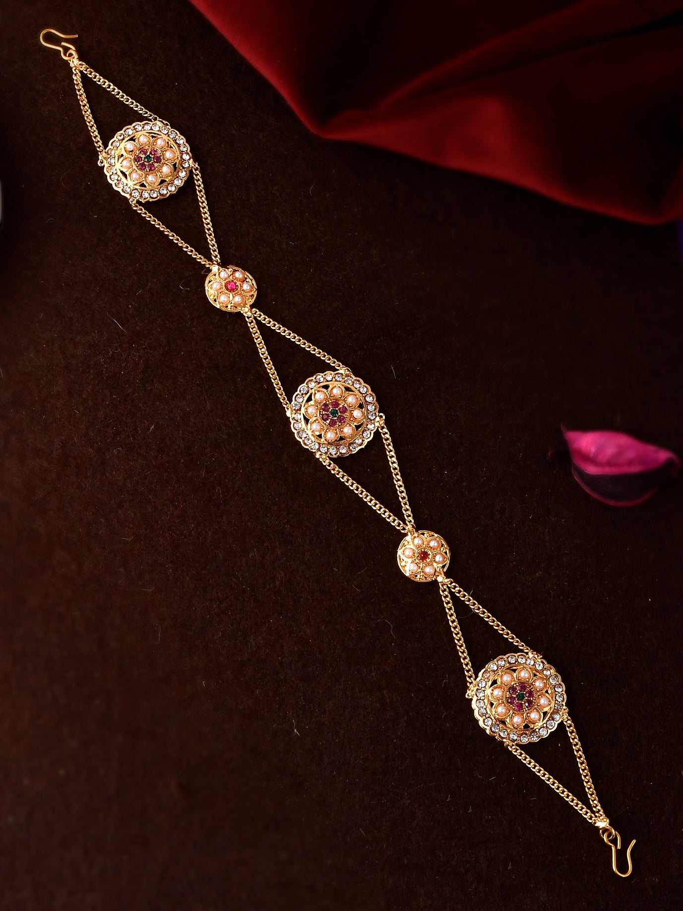 Gold Plated Pink Cubic Zirconia Stone Studded Handcrafted Head Chain for Women Online