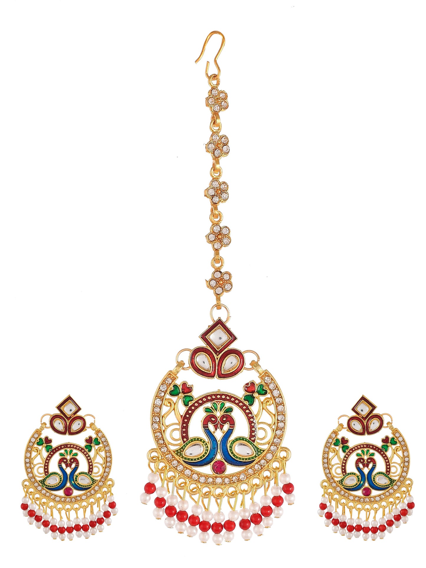 Gold Plated & Kundan Studded Peacock Design Maang Tikka With Earrings