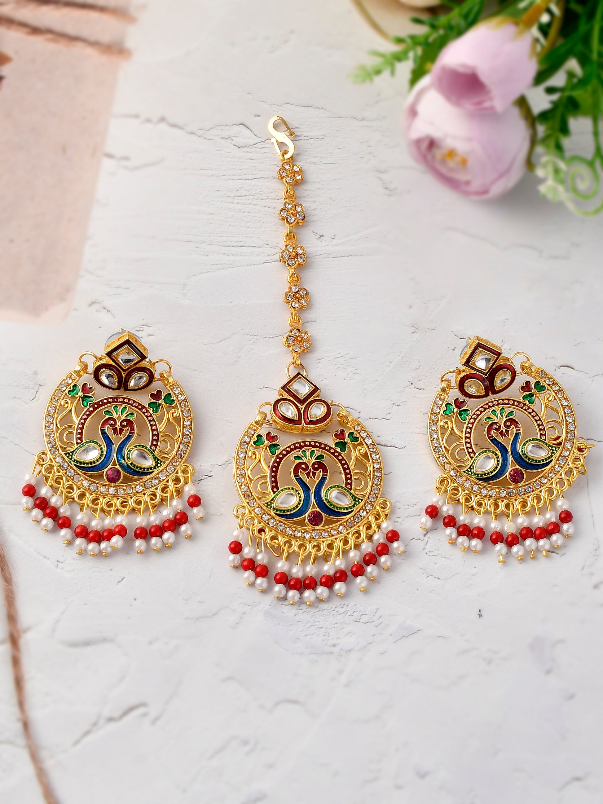 Gold Plated & Kundan Studded Peacock Design Maang Tikka With Earrings for Women Online