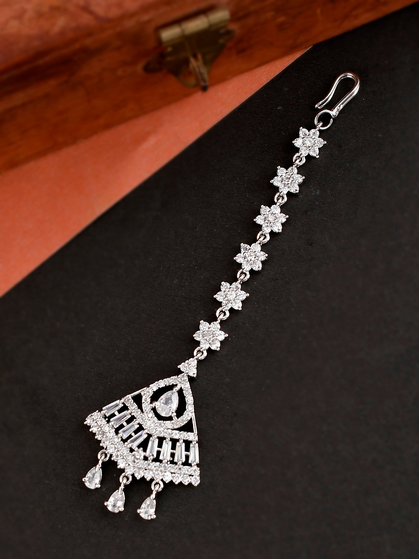 Women Silver Plated American Diamond Studded Handcrafted Maang Tikka