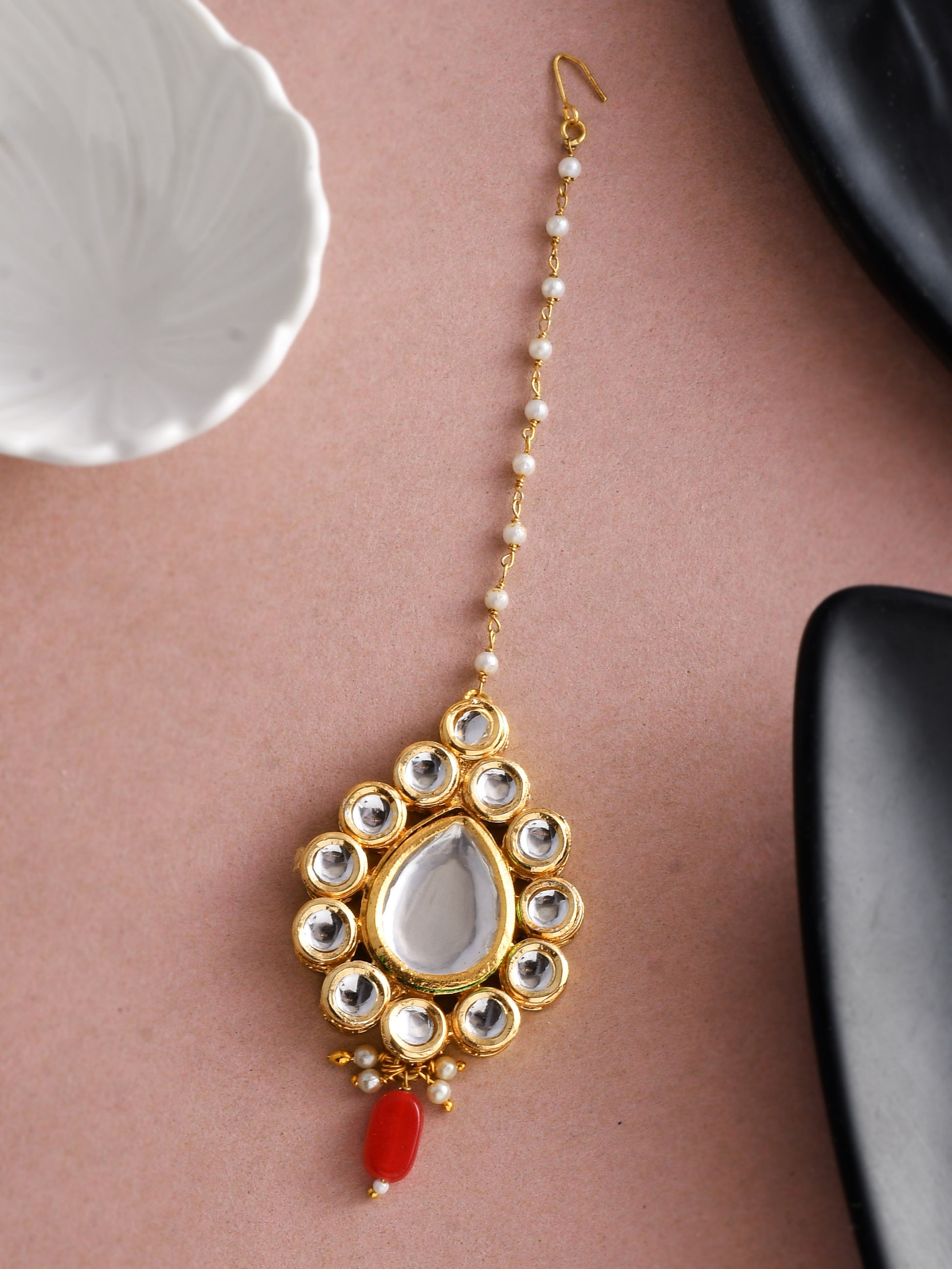 Kundan Pearl Gold Plated Mangtikka - Head Jewellery for Women Online
