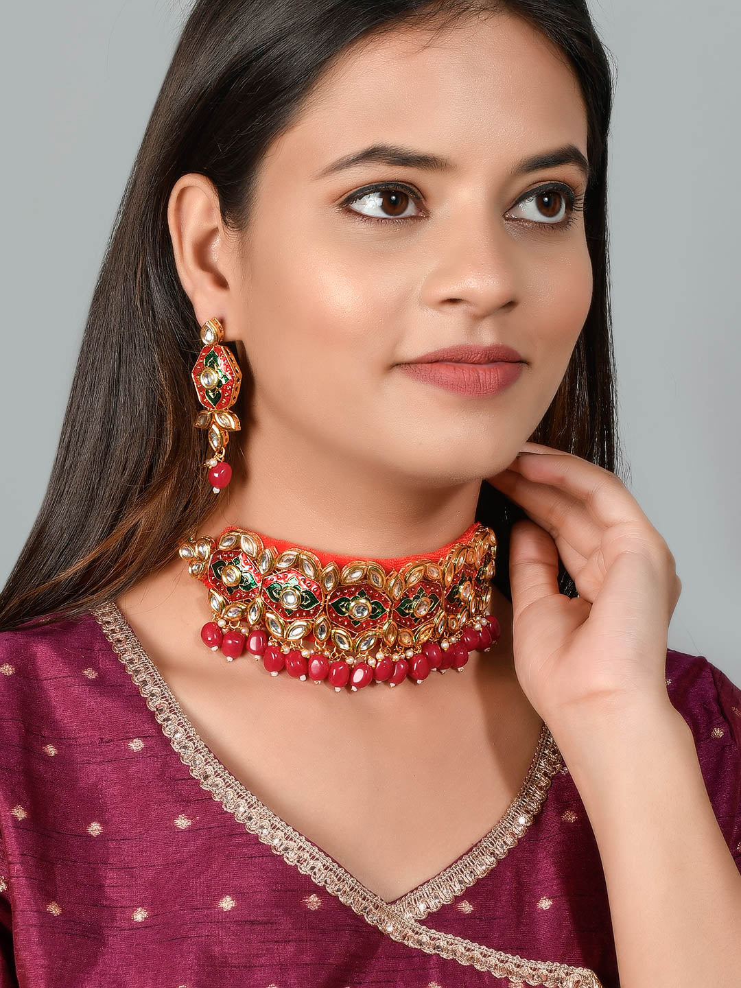 Red Kundan Meenakari Rajwadi Jewellery Sets for Women Online