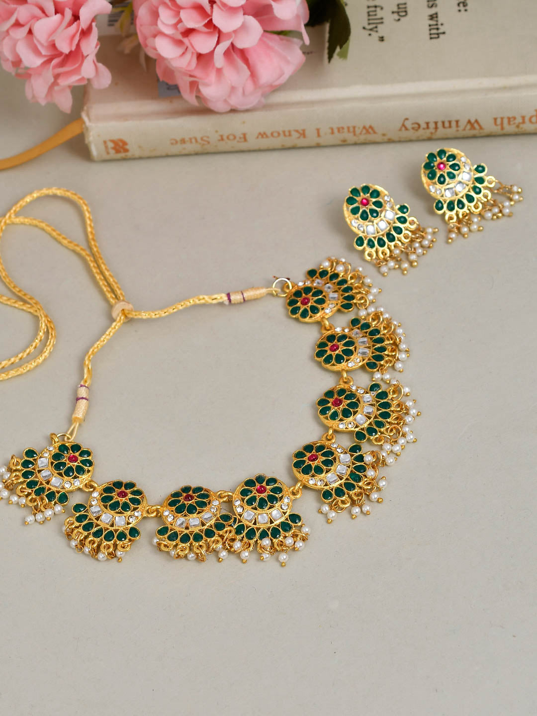 Green Meenakari Pearl Kundan Jewellery Set