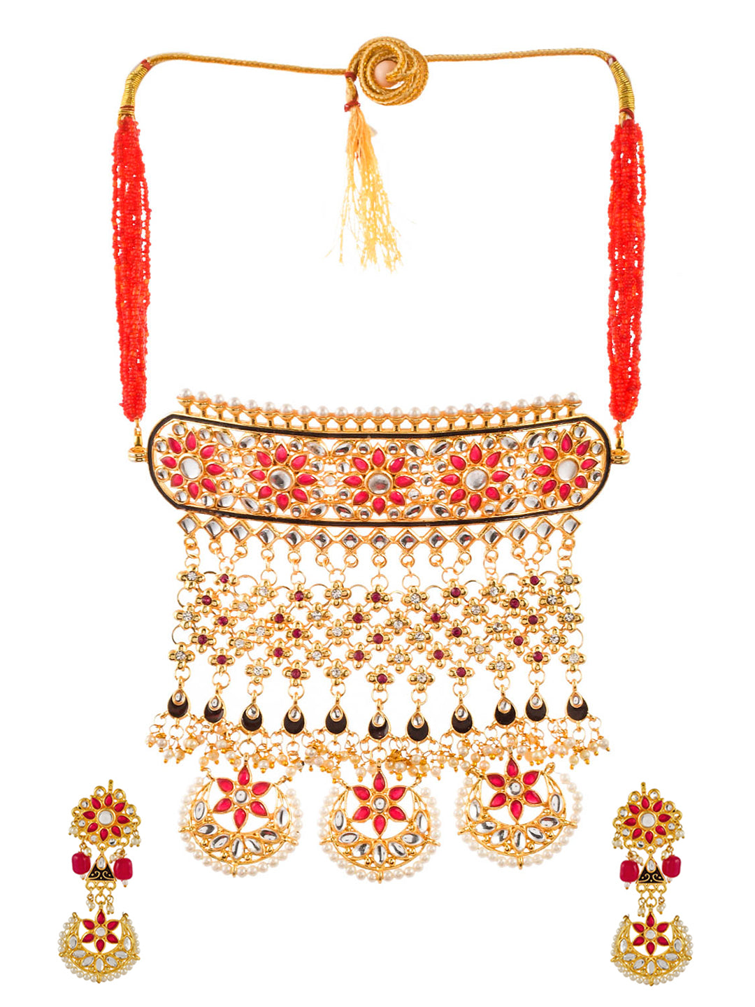 Red Beads Rajputi Aad Choker Necklace Set