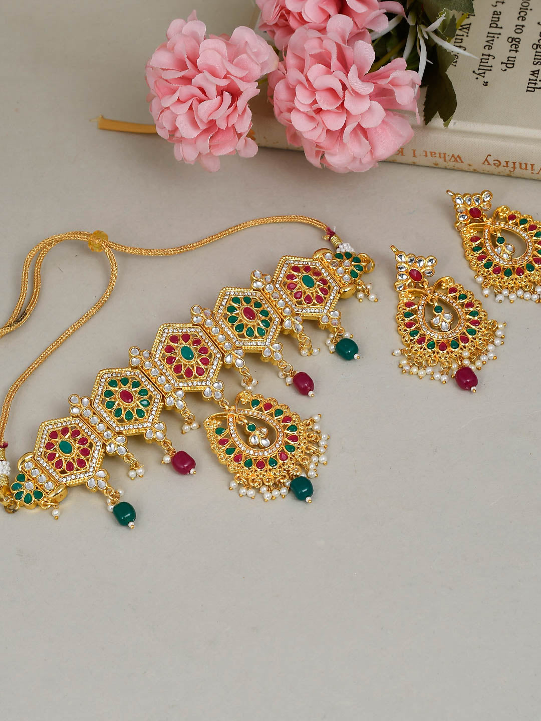 Pink Green Gold Plated Stone Handcrafted Jewellery Set