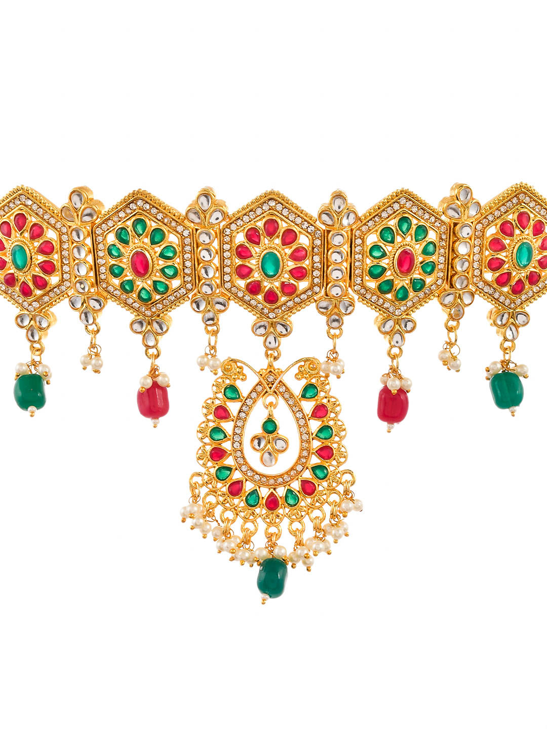 Pink Green Gold Plated Stone Handcrafted Jewellery Set