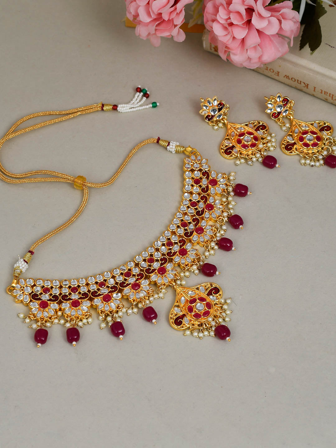 Red & White Gold-Plated Kundan Handcrafted Jewellery Set