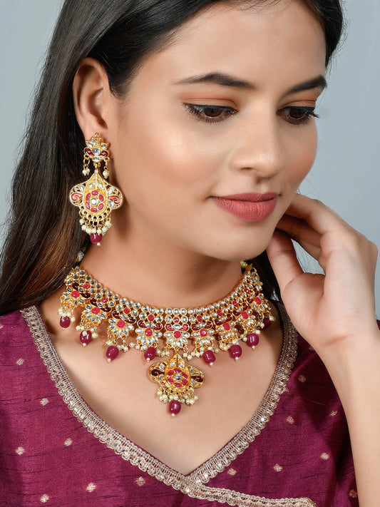 Red & White Gold-plated Kundan Handcrafted Jewellery Sets for Women Online