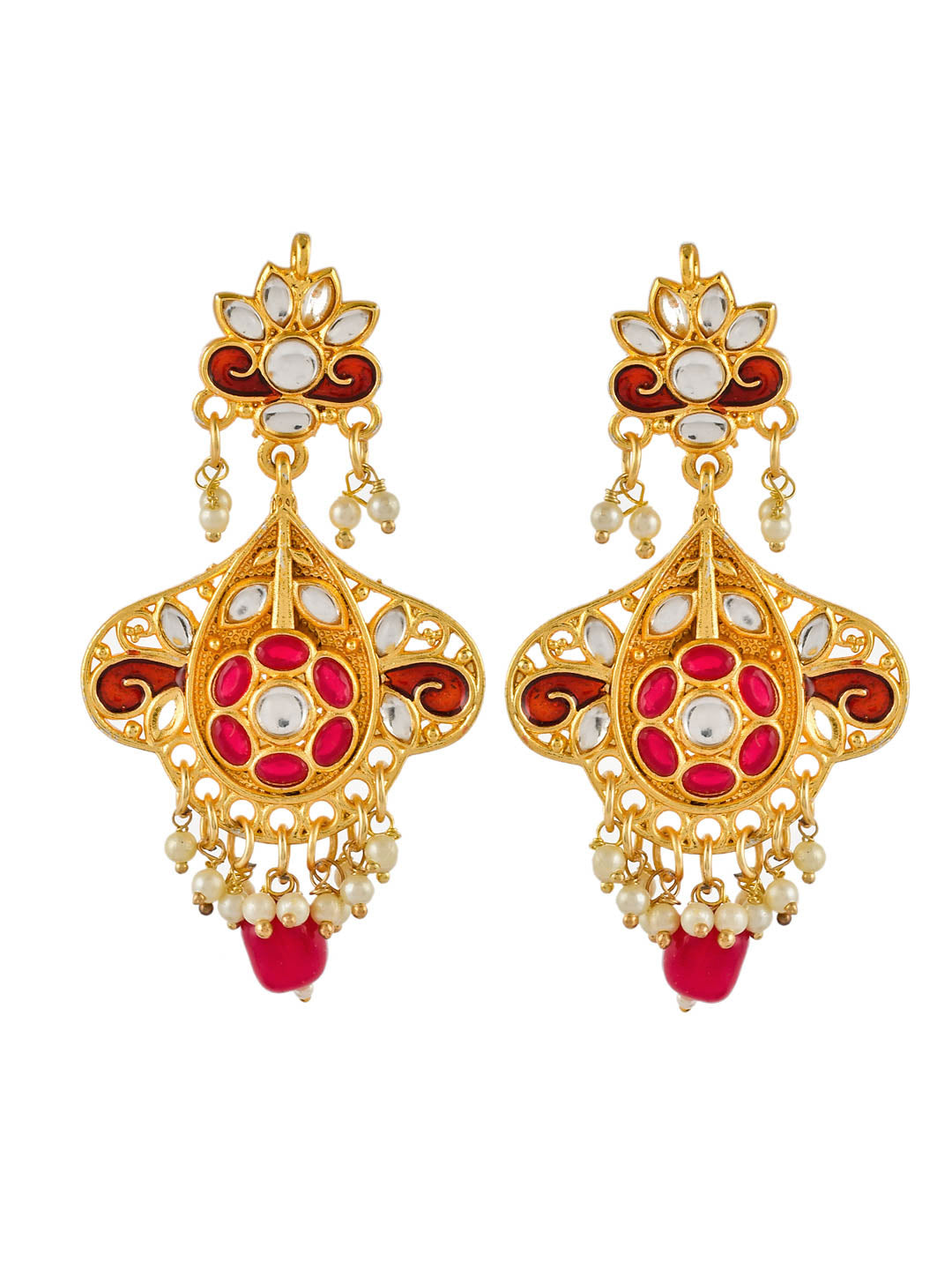 Red & White Gold-Plated Kundan Handcrafted Jewellery Set