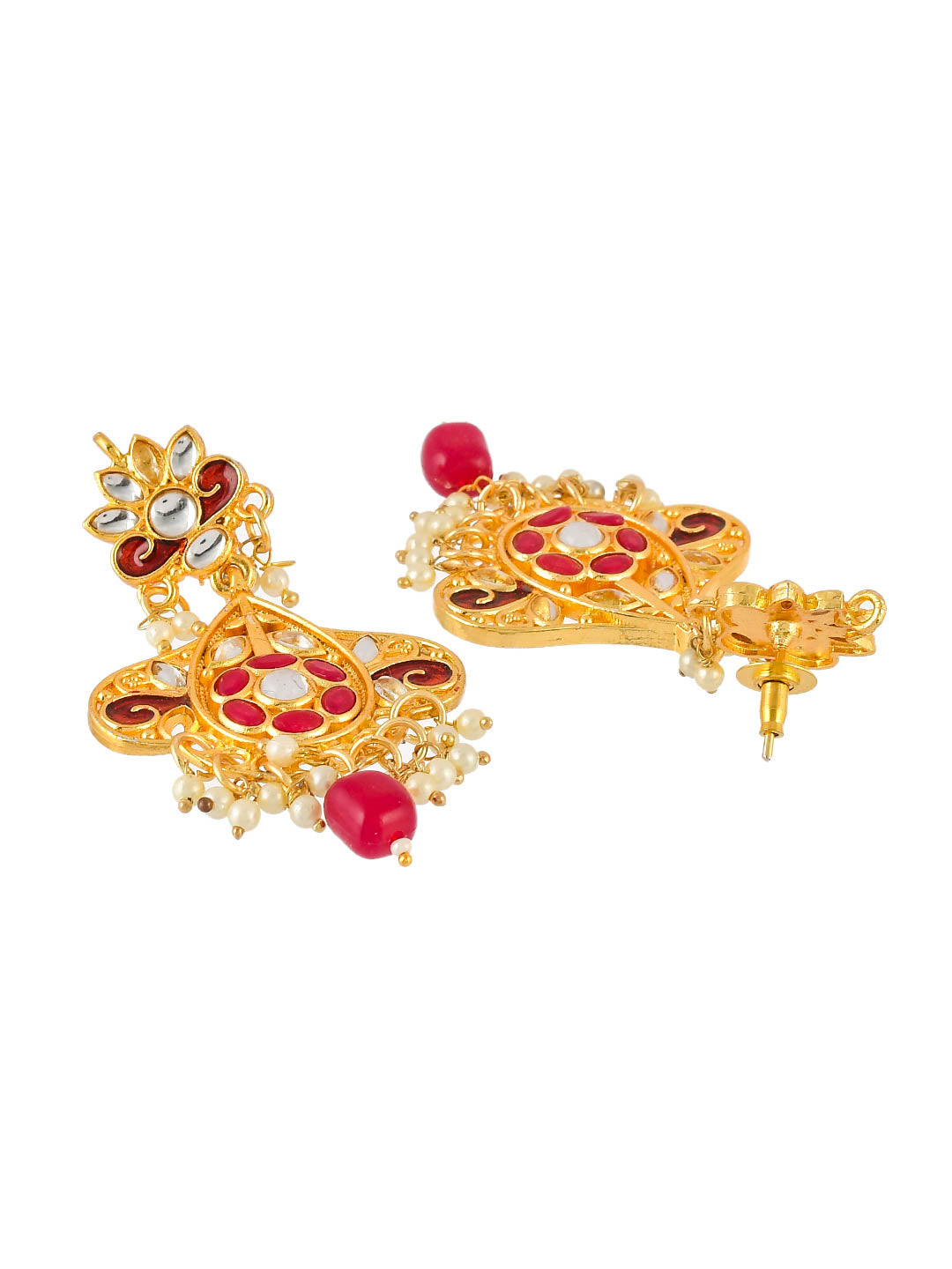 Red & White Gold-Plated Kundan Handcrafted Jewellery Set